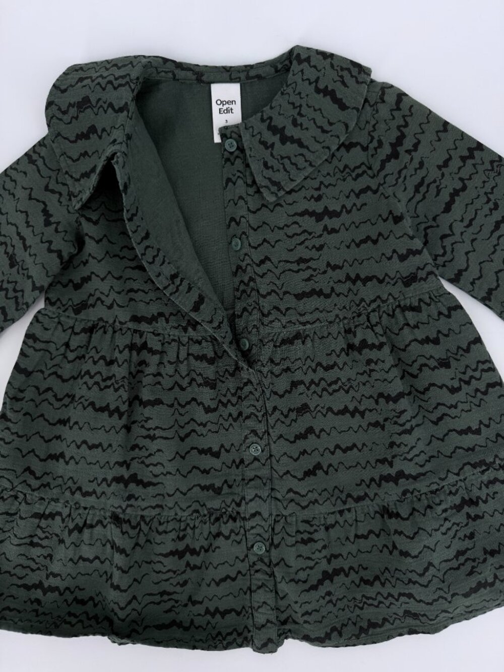 Open Edit Organic Cotton Tiered Shirt Dress Olive Green 3T - Picture 6 of 8